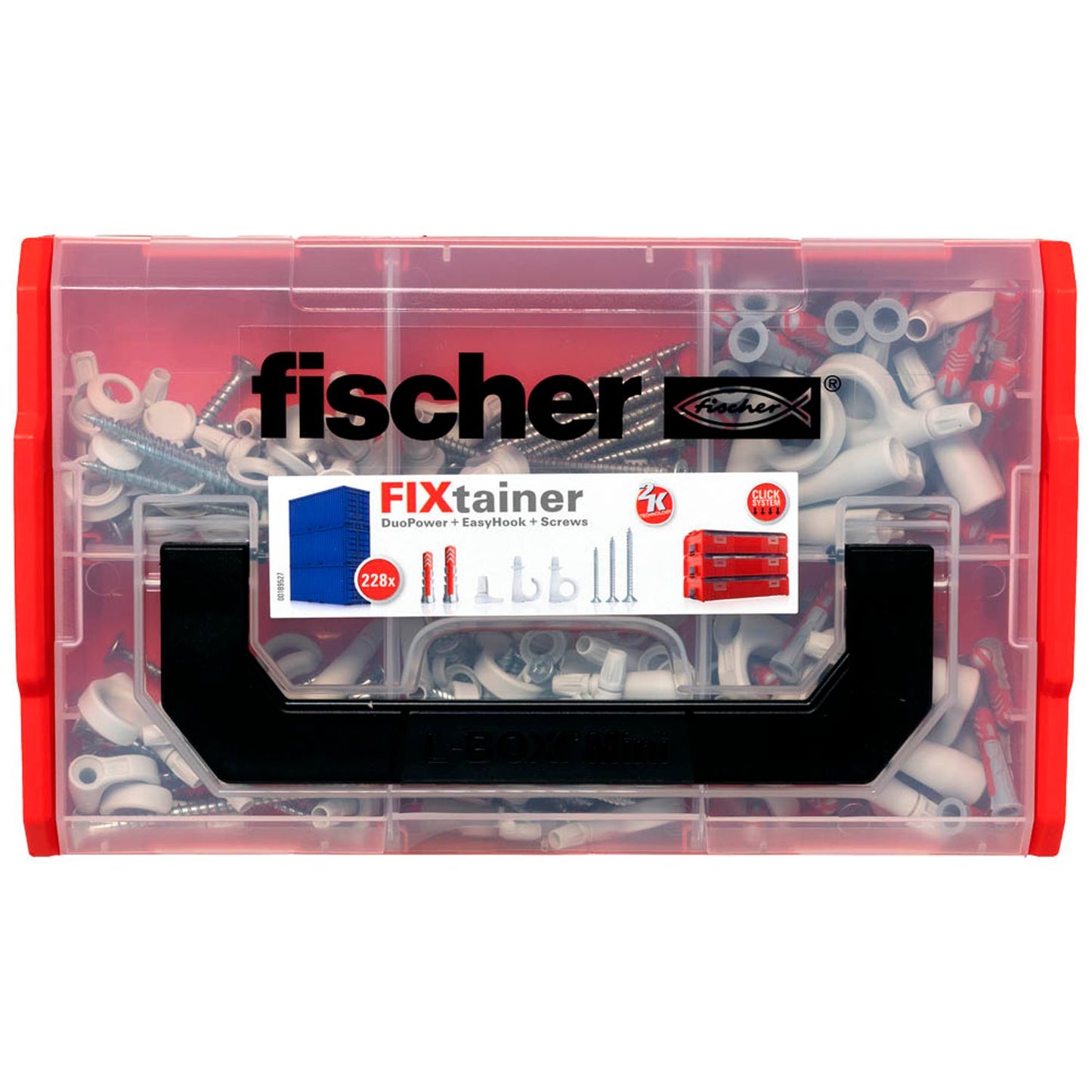 fischer FixTainer - EasyHook 2K Dübel- und Schrauben-Sortiment Ø 4/5/6/8 mm 30/40/50/60/70/80 mm | 563578 | 1 Pack = 228 St.