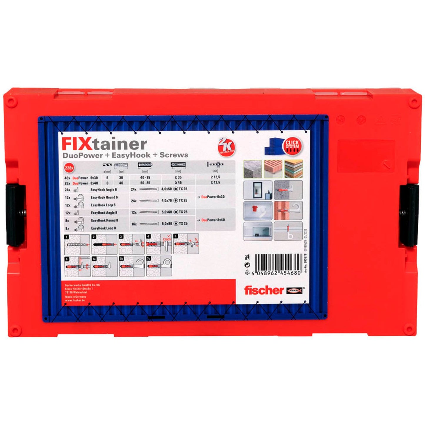 fischer FixTainer - EasyHook 2K Dübel- und Schrauben-Sortiment Ø 4/5/6/8 mm 30/40/50/60/70/80 mm | 563578 | 1 Pack = 228 St.