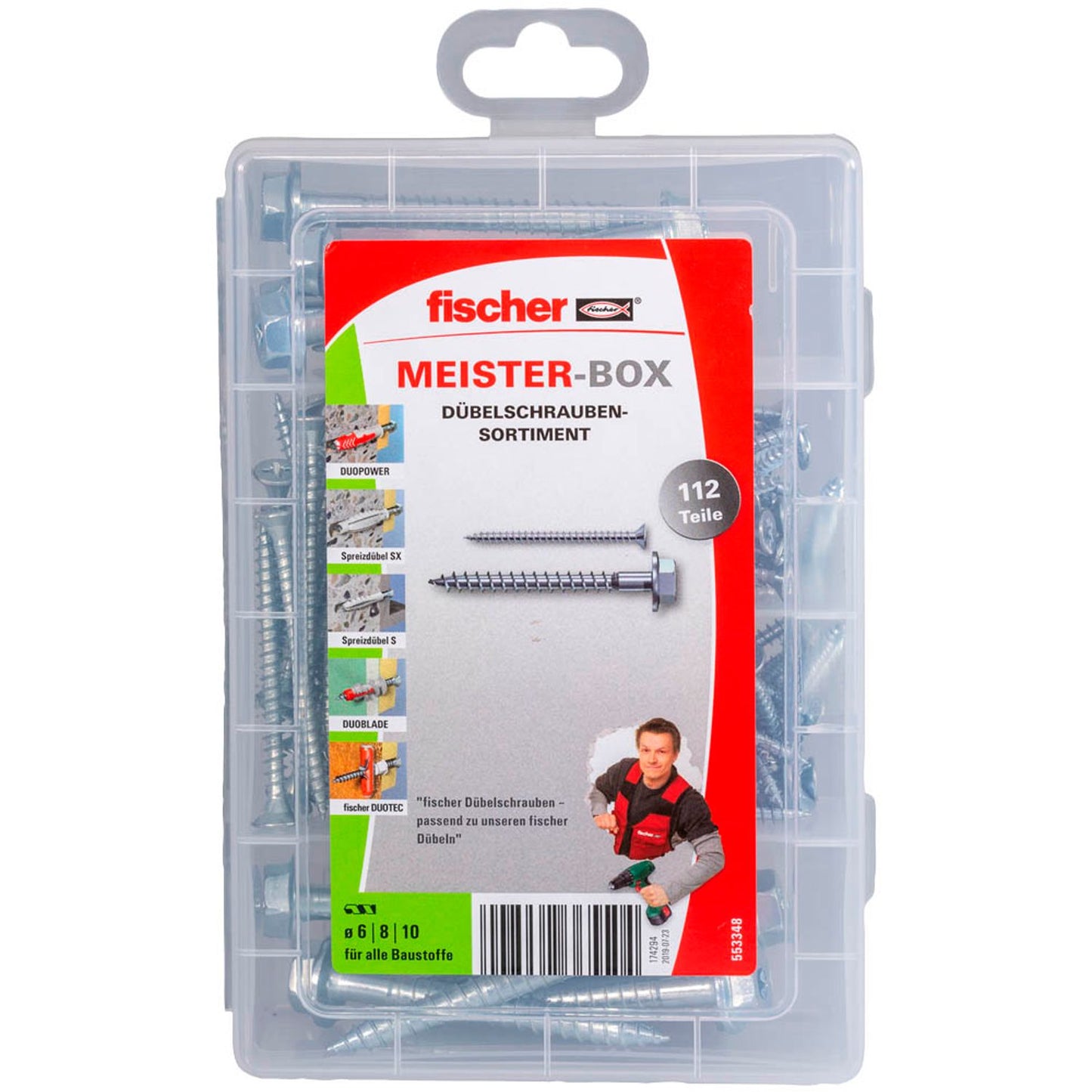 fischer Dübelschrauben-Sortiment Meister-Box 6/7/8/10 mm x 40/55/69 mm | 553348 | 1 Pack = 112 St.