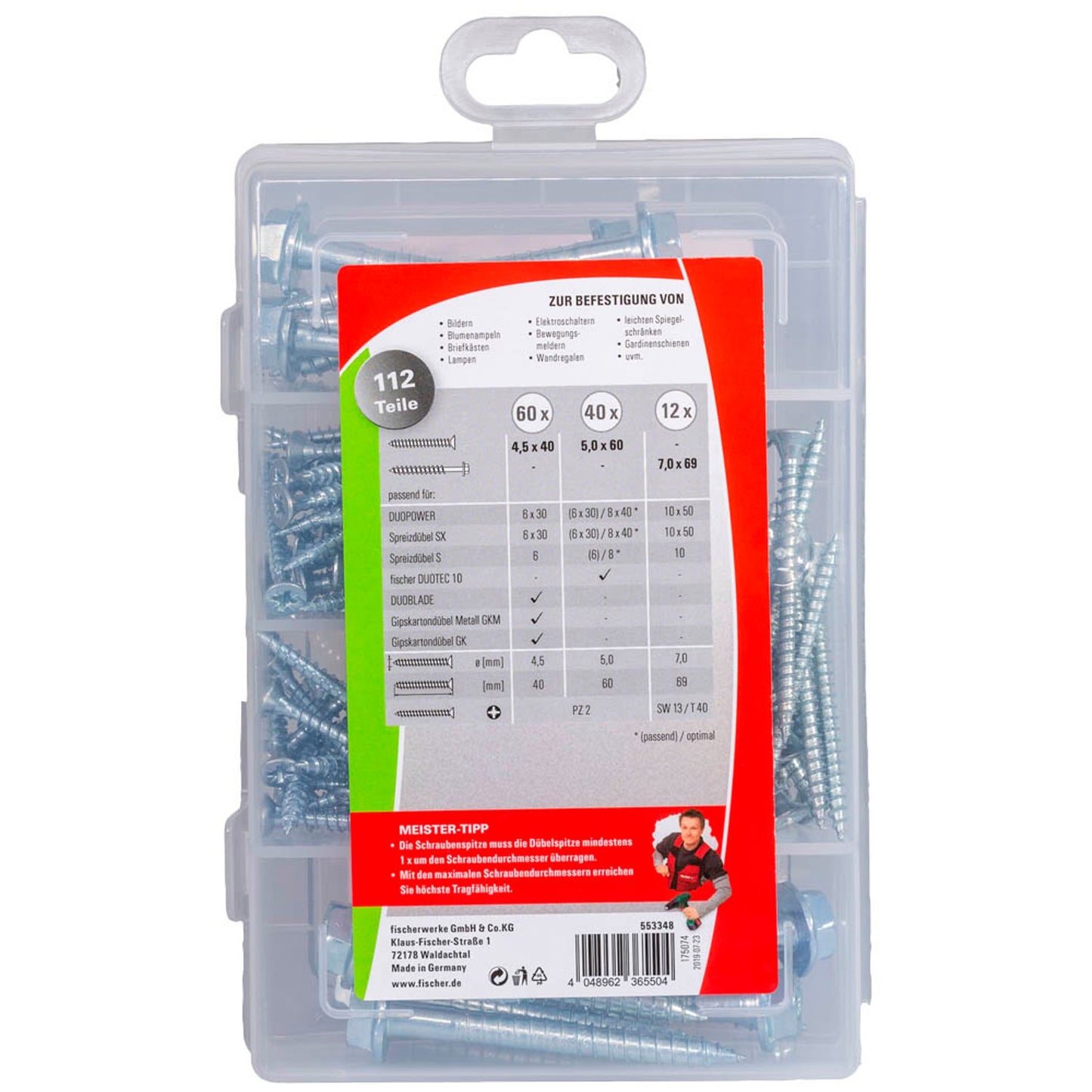 fischer Dübelschrauben-Sortiment Meister-Box 6/7/8/10 mm x 40/55/69 mm | 553348 | 1 Pack = 112 St.
