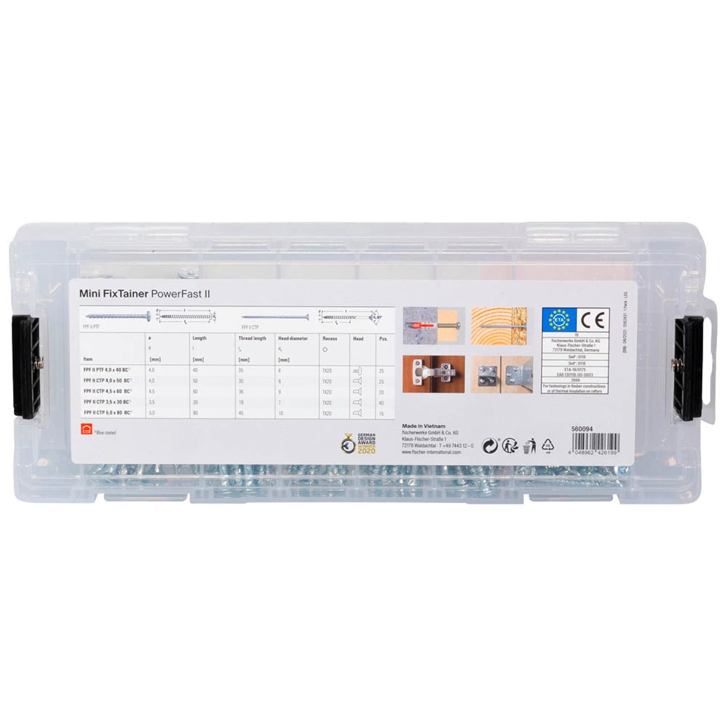 fischer Holzschrauben-Sortiment Mini FixTainer PowerFast II - BC 3,5/4/4,5/5 mm x 30/40/50/60/80 mm | 560094 | 1 Pack = 125 St.