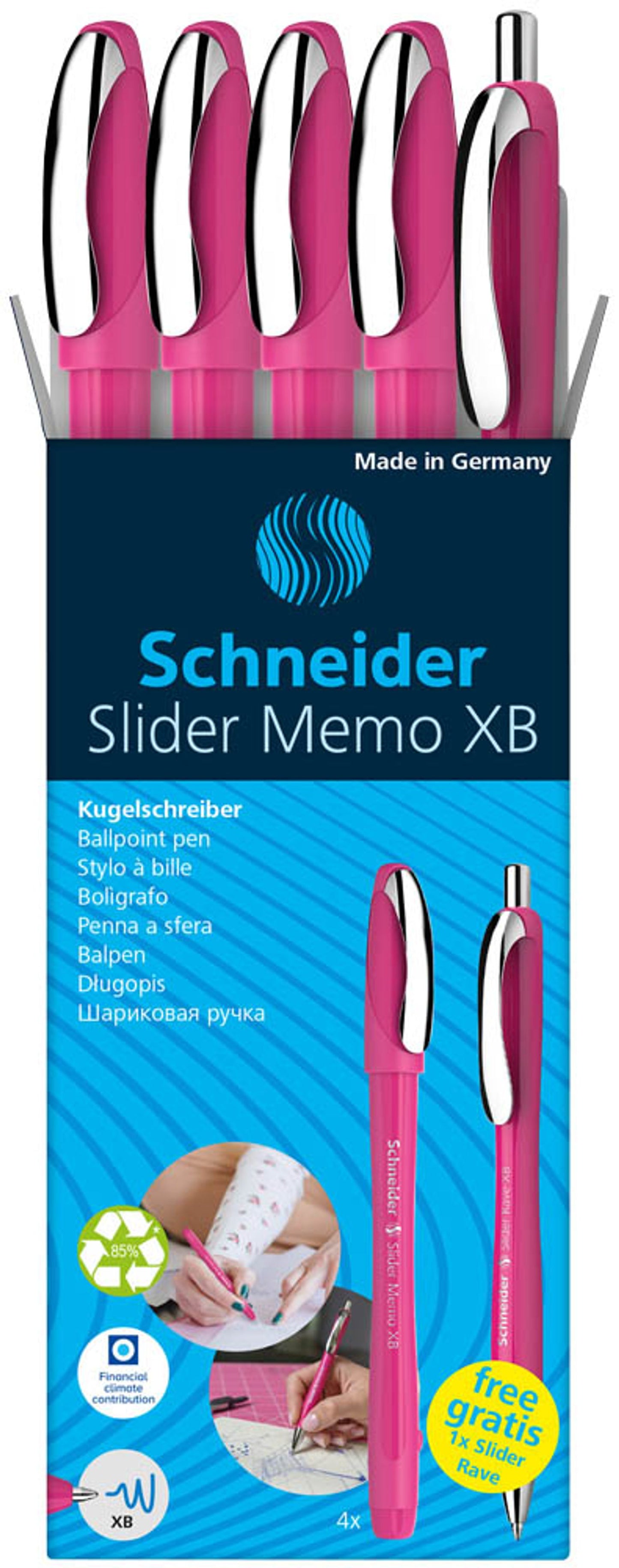 Schneider Kugelschreiber Slider Memo, Schreibfarbe: blau, 4 St. + GRATIS Schneider Kugelschreiber Slider Rave