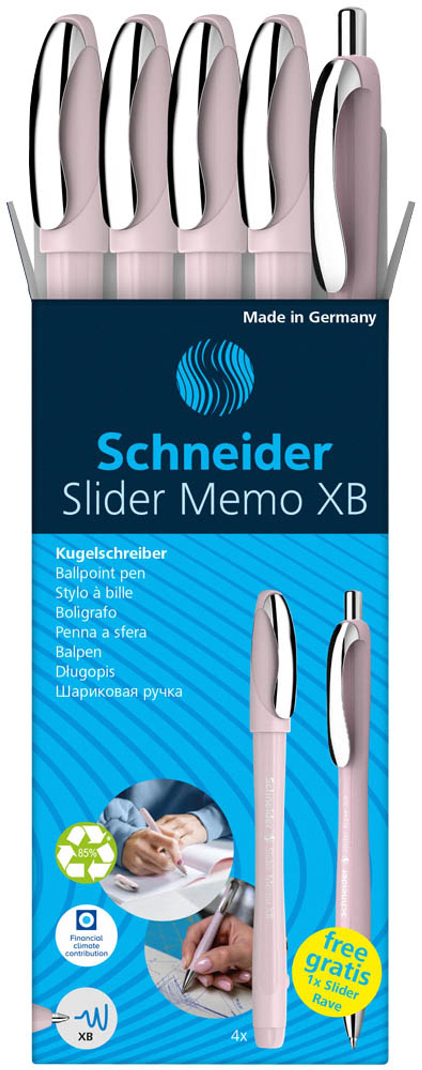 Schneider Kugelschreiber Slider Memo, Schreibfarbe: blau, 4 St. + GRATIS Schneider Kugelschreiber Slider Rave