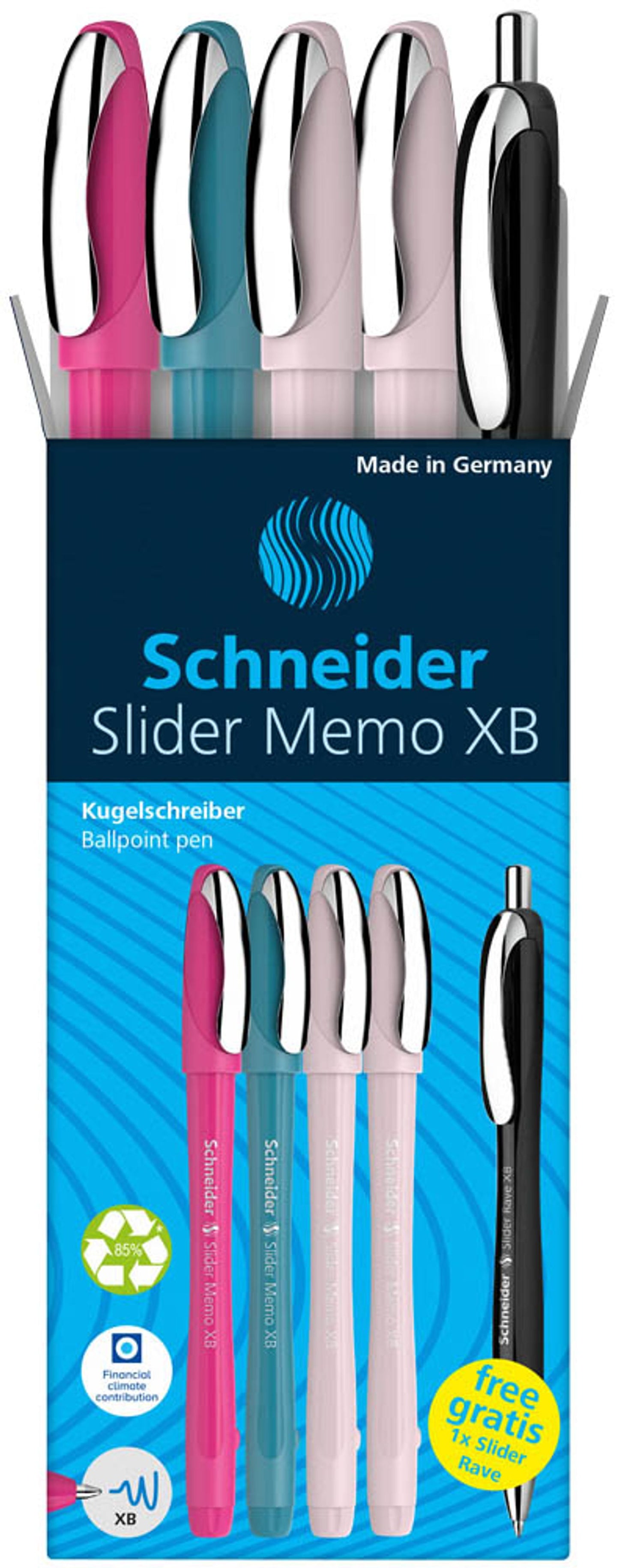Schneider Kugelschreiber Slider Memo, Schreibfarbe: blau, 4 St. + GRATIS Schneider Kugelschreiber Slider Rave