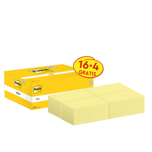 Post-it® + 4 GRATIS: Notes 655 Haftnotizen gelb, 16 Blöcke + GRATIS 4 Blöcke | 655-VP20 | 1 Aktionspack = 16 Blöcke