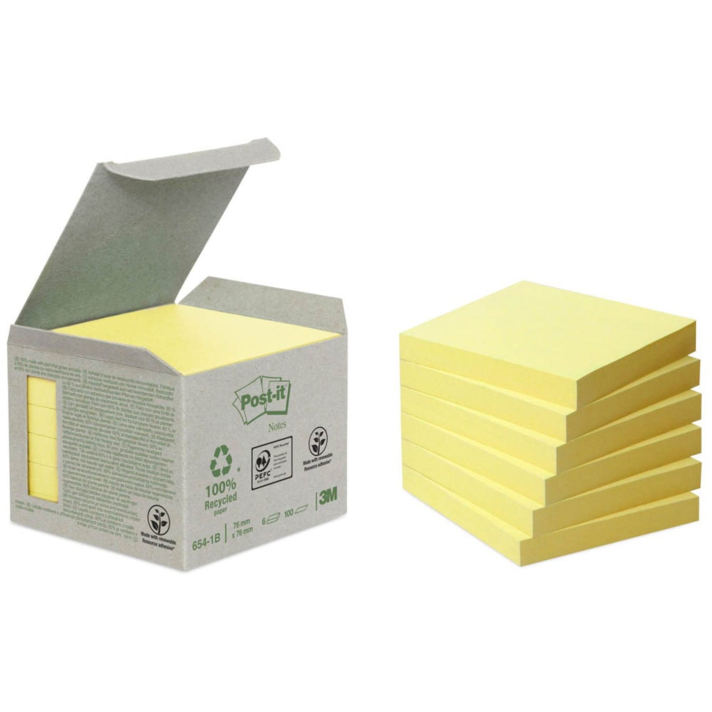 Post-it® Recycling Notes 654 Haftnotizen gelb, 6 Blöcke | 655-1B | 1 Pack = 6 Blöcke