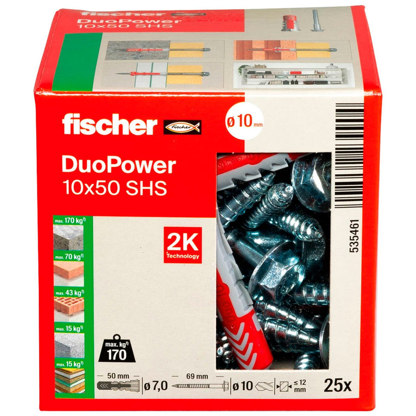 fischer DuoPower 10x50 S 2K Dübel mit Schrauben Ø 10 mm x 50 mm | 535461 | 1 Pack = 25 St.