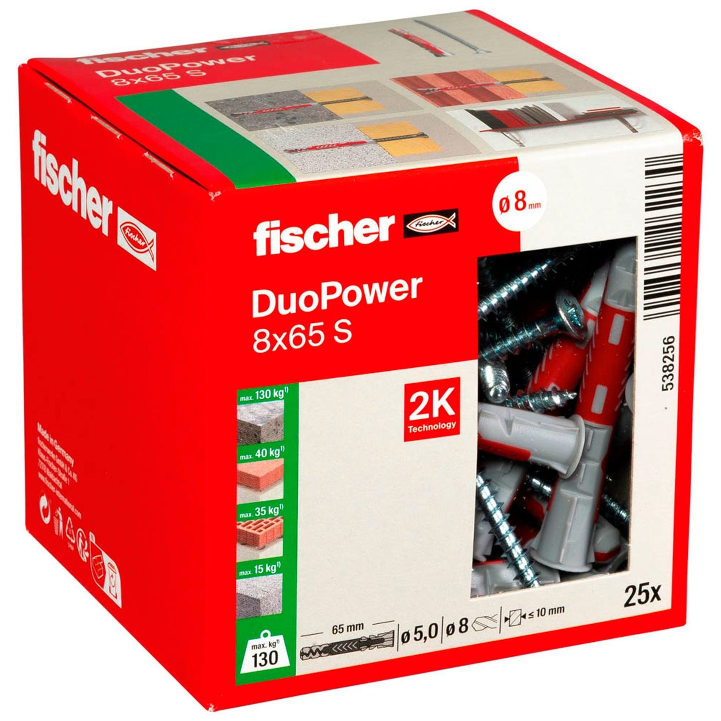 fischer DuoPower 8x65 S 2K Dübel mit Schrauben Ø 8 mm x 65 mm | 538256 | 1 Pack = 25 St.