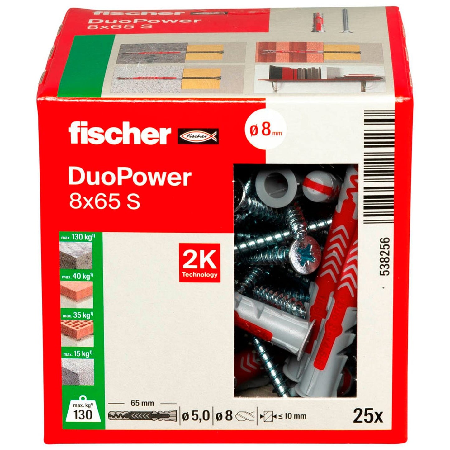 fischer DuoPower 8x65 S 2K Dübel mit Schrauben Ø 8 mm x 65 mm | 538256 | 1 Pack = 25 St.