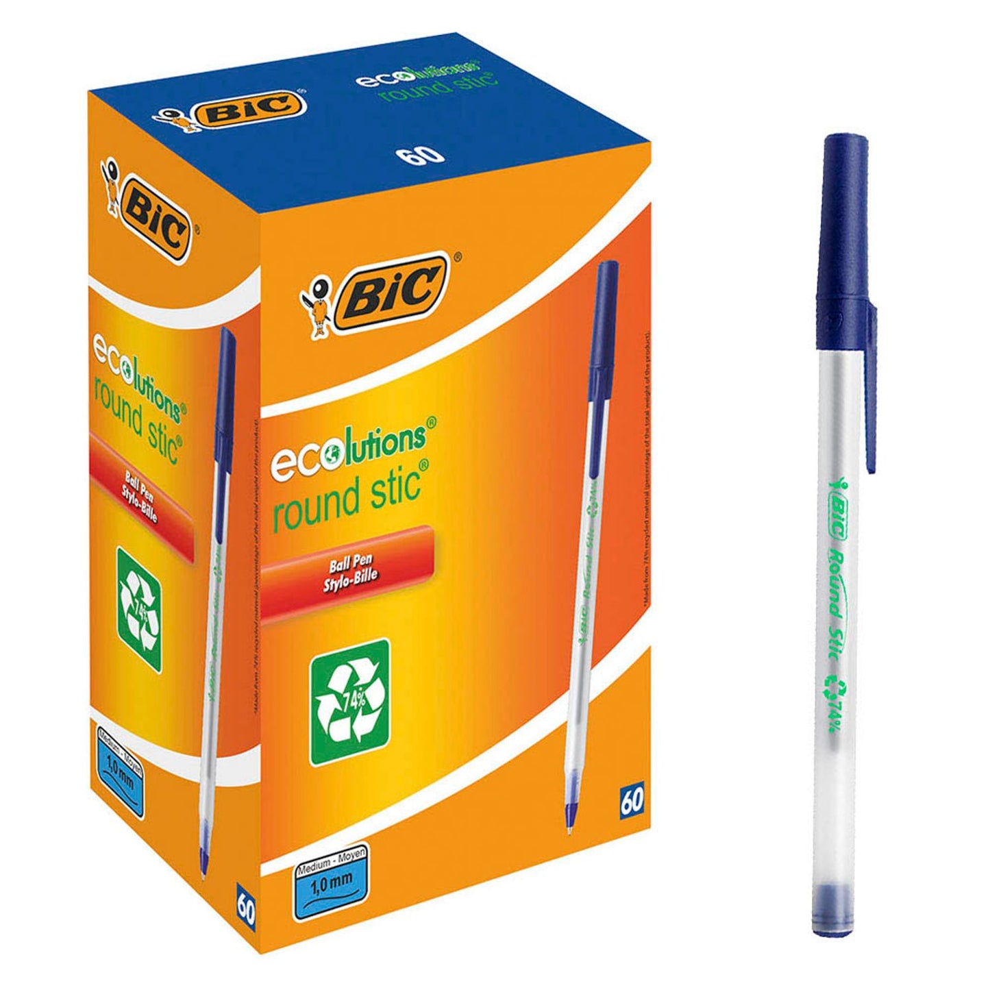 BIC Kugelschreiber Round Stic ECOlutions transparent, Schreibfarbe: blau | 8932403 | 1 Pack = 60 St.