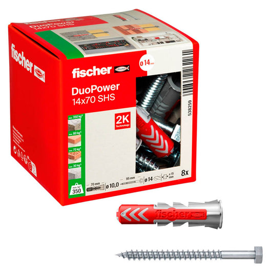 fischer DuoPower 14x70 S Dübel mit Schrauben Ø 12 mm x 60 mm | 538259 | 1 Pack = 8 St.