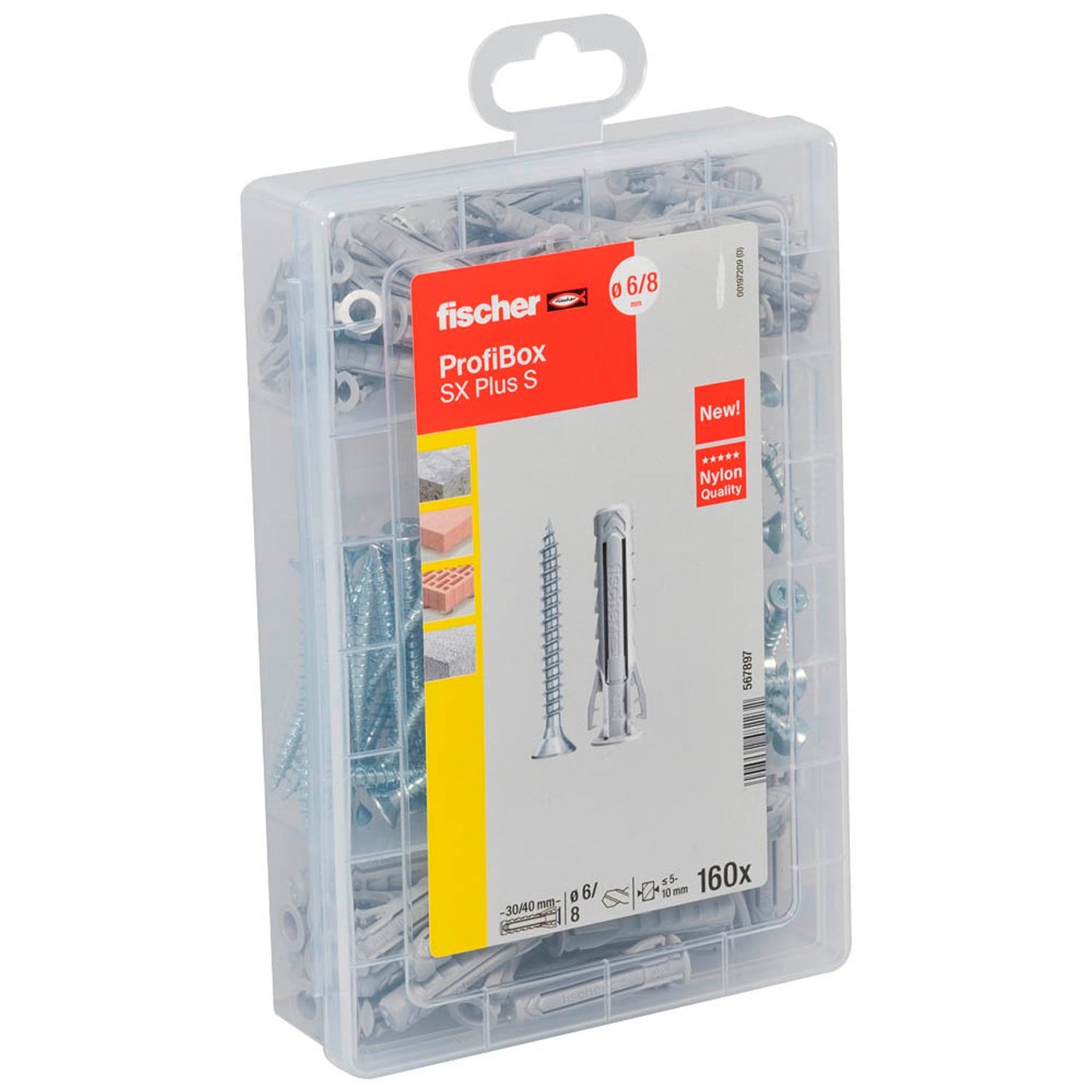 fischer Profi-Box - SX Plus + S Dübel- und Schrauben-Sortiment Ø 4,5/5/6/8 mm 30/40/55 mm | 567897 | 1 Pack = 160 St.