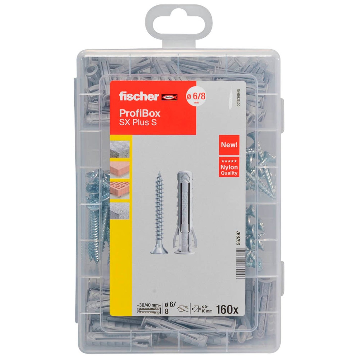 fischer Profi-Box - SX Plus + S Dübel- und Schrauben-Sortiment Ø 4,5/5/6/8 mm 30/40/55 mm | 567897 | 1 Pack = 160 St.