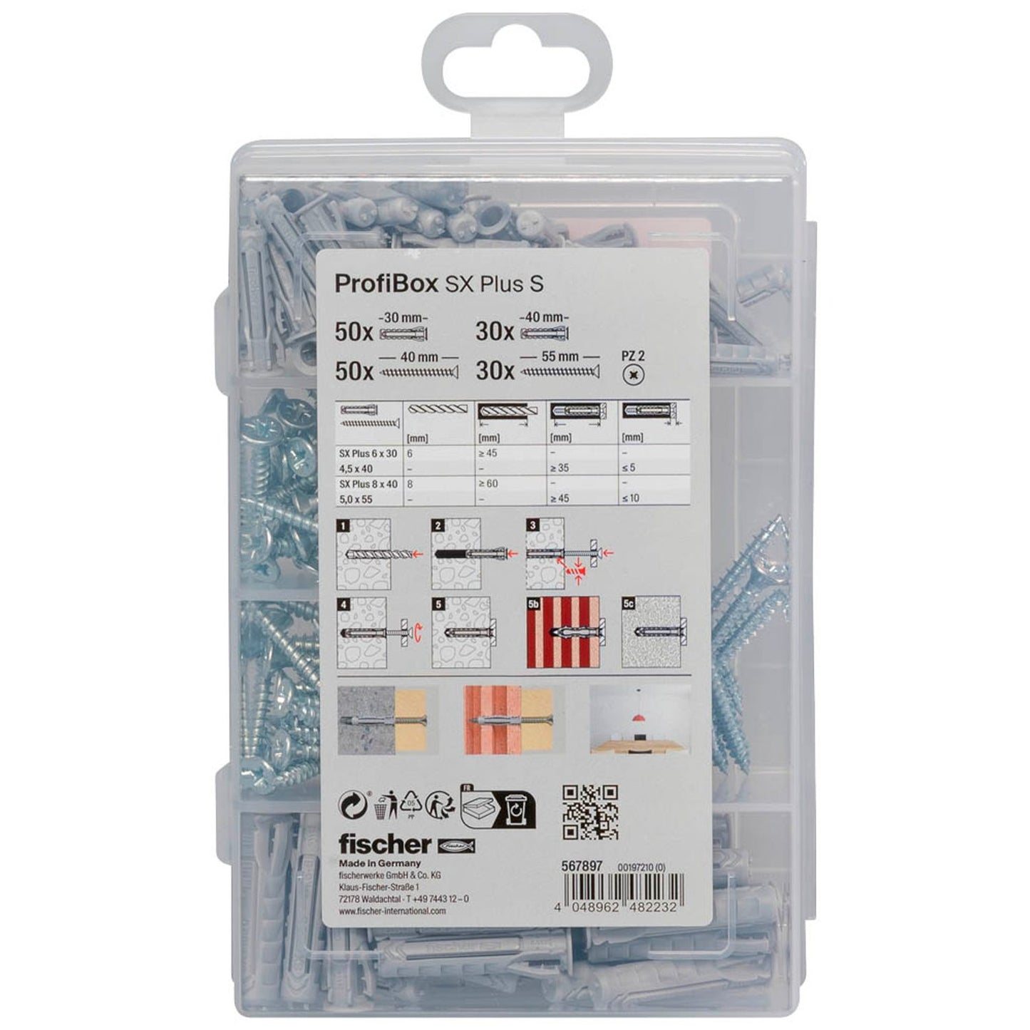 fischer Profi-Box - SX Plus + S Dübel- und Schrauben-Sortiment Ø 4,5/5/6/8 mm 30/40/55 mm | 567897 | 1 Pack = 160 St.