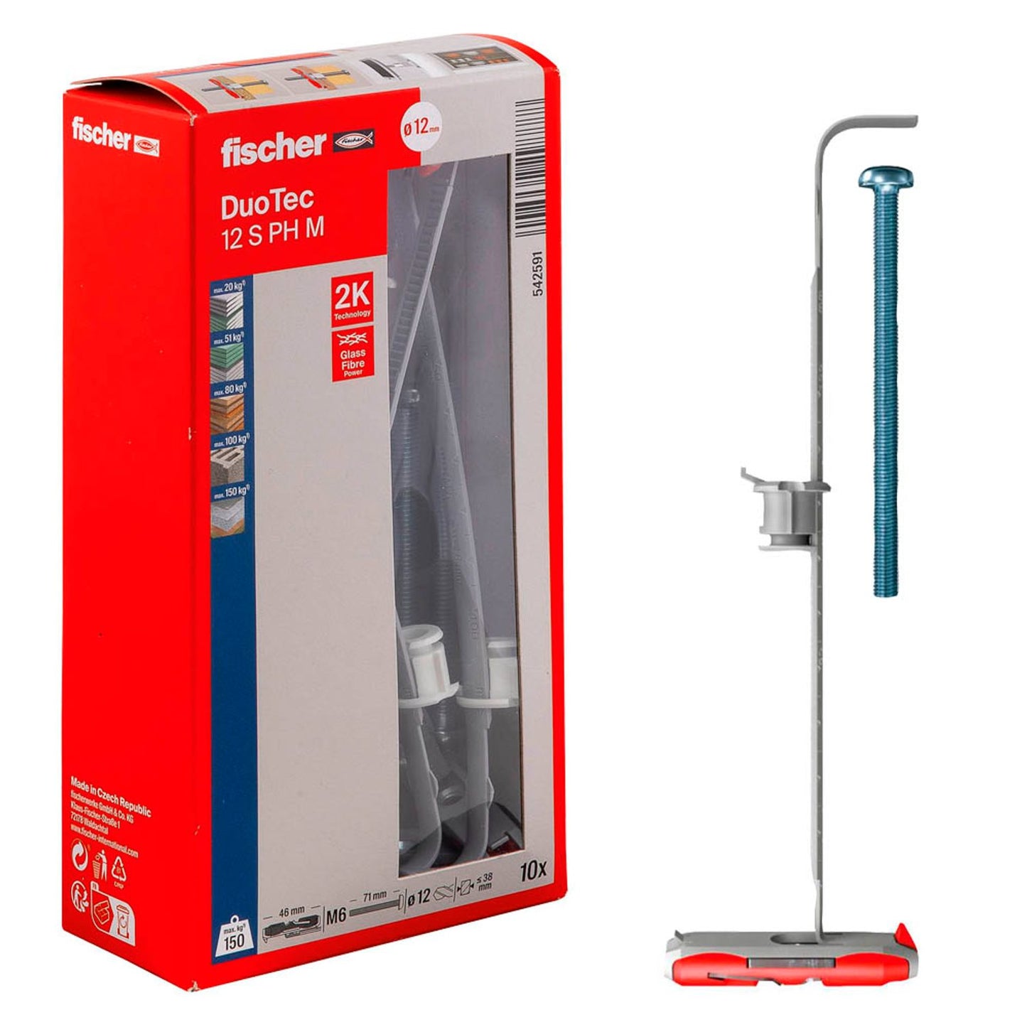 fischer DuoTec 12 S PH M 2K Dübel mit Schrauben Ø 12 mm x 46 mm | 542591 | 1 Pack = 10 St.