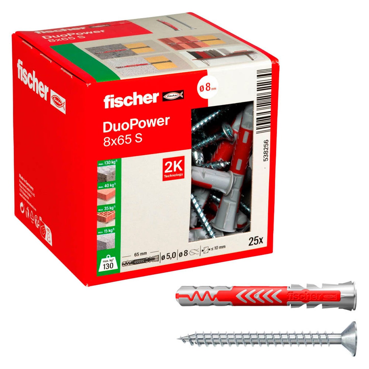 fischer DuoPower 8x65 S 2K Dübel mit Schrauben Ø 8 mm x 65 mm | 538256 | 1 Pack = 25 St.