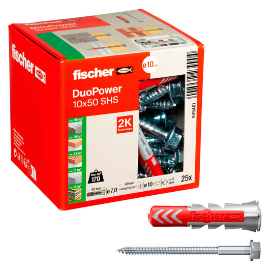 fischer DuoPower 10x50 S 2K Dübel mit Schrauben Ø 10 mm x 50 mm | 535461 | 1 Pack = 25 St.