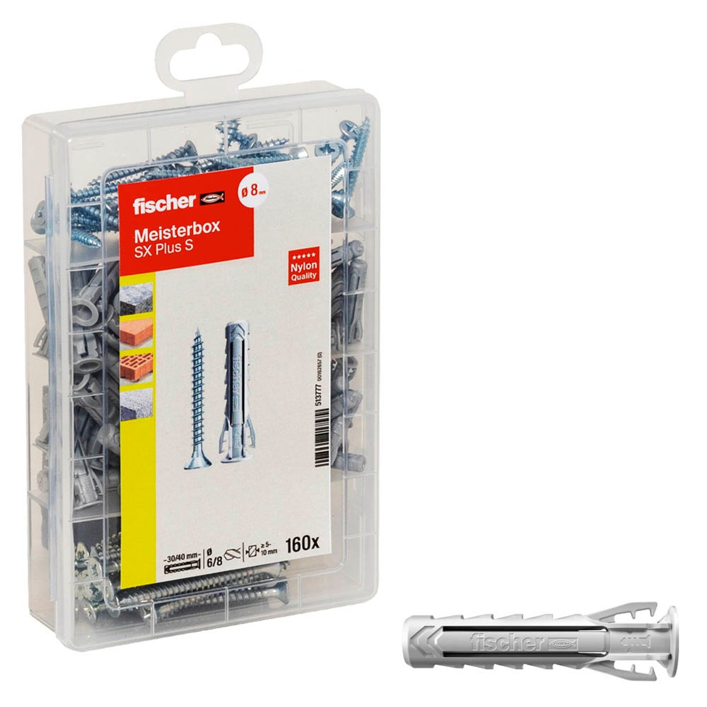 fischer Meister-Box - SX Plus S Dübel- und Schrauben-Sortiment Ø 6/8/4,5/5 mm 30/40/55 mm | 513777 | 1 Pack = 160 St.