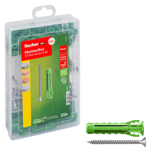 fischer Meister-Box - SX Plus Green S A2 Dübel- und Schrauben-Sortiment Ø 4,5/5/6/8 mm 30/40/55 mm | 531227 | 1 Pack = 120 St.