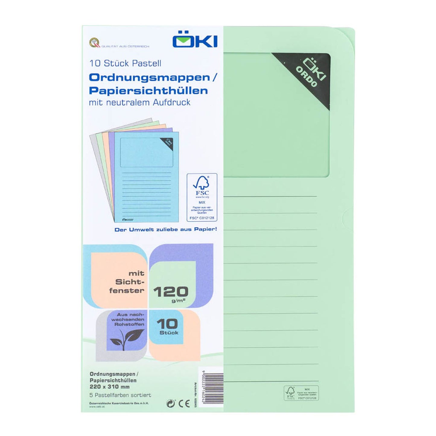 ÖKI Sichthüllen Ordo pastell DIN A4 farbsortiert glatt 120 g/qm | 60245 | 1 Pack = 10 St.