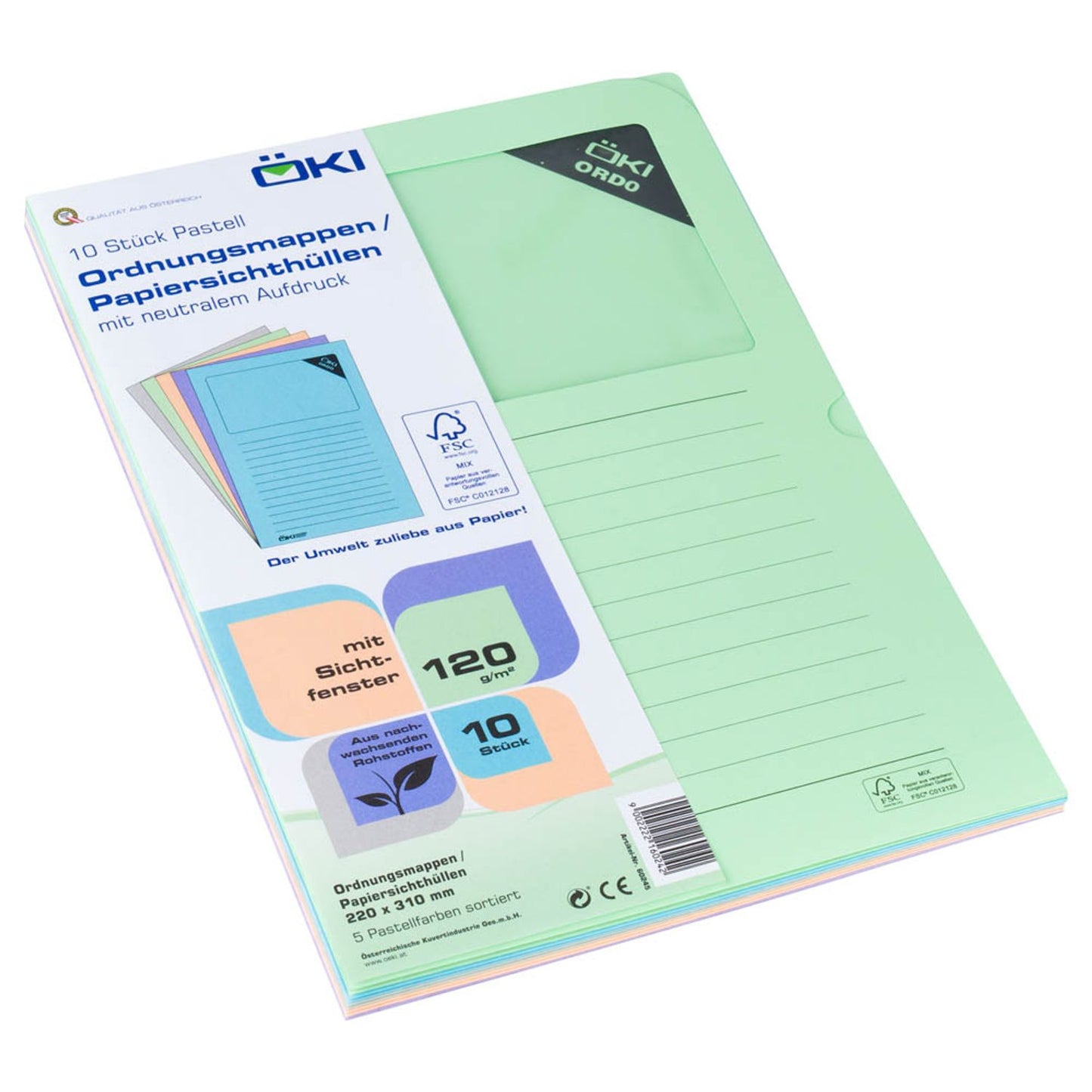 ÖKI Sichthüllen Ordo pastell DIN A4 farbsortiert glatt 120 g/qm | 60245 | 1 Pack = 10 St.