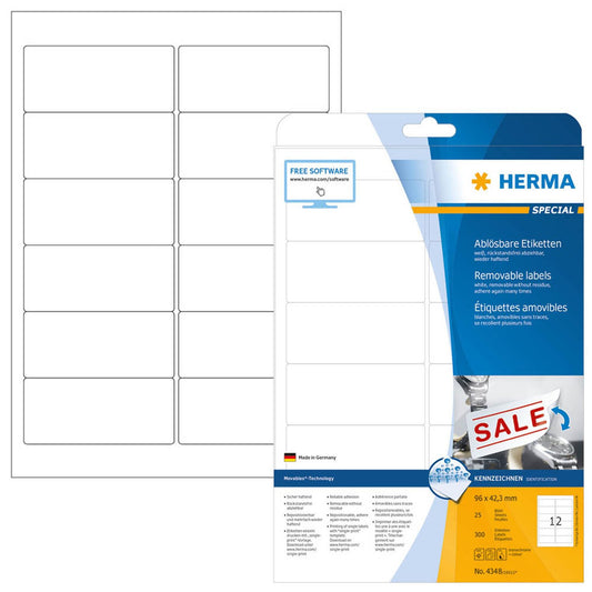 HERMA Etiketten weiß 96,0 x 42,3 mm | 4348 | 1 Pack = 25 Blatt