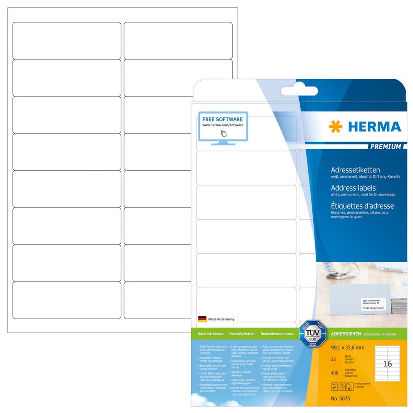 HERMA Adressetiketten weiß 99,1 x 33,8 mm | 5075 | 1 Pack = 25 Blatt