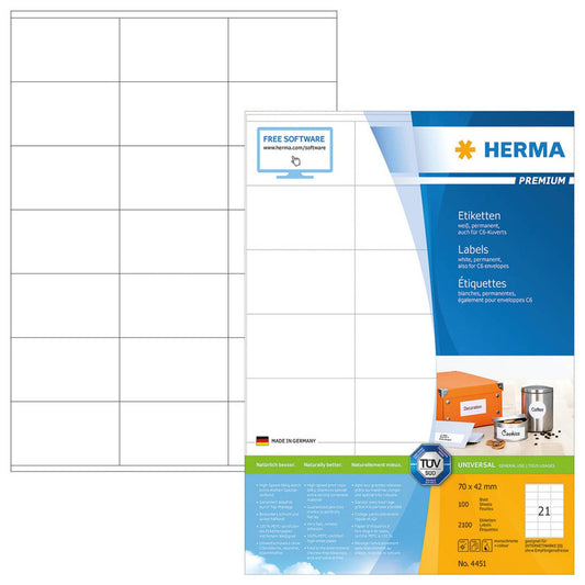 HERMA Etiketten weiß 70,0 x 42,0 mm | 4451 | 1 Pack = 100 Blatt