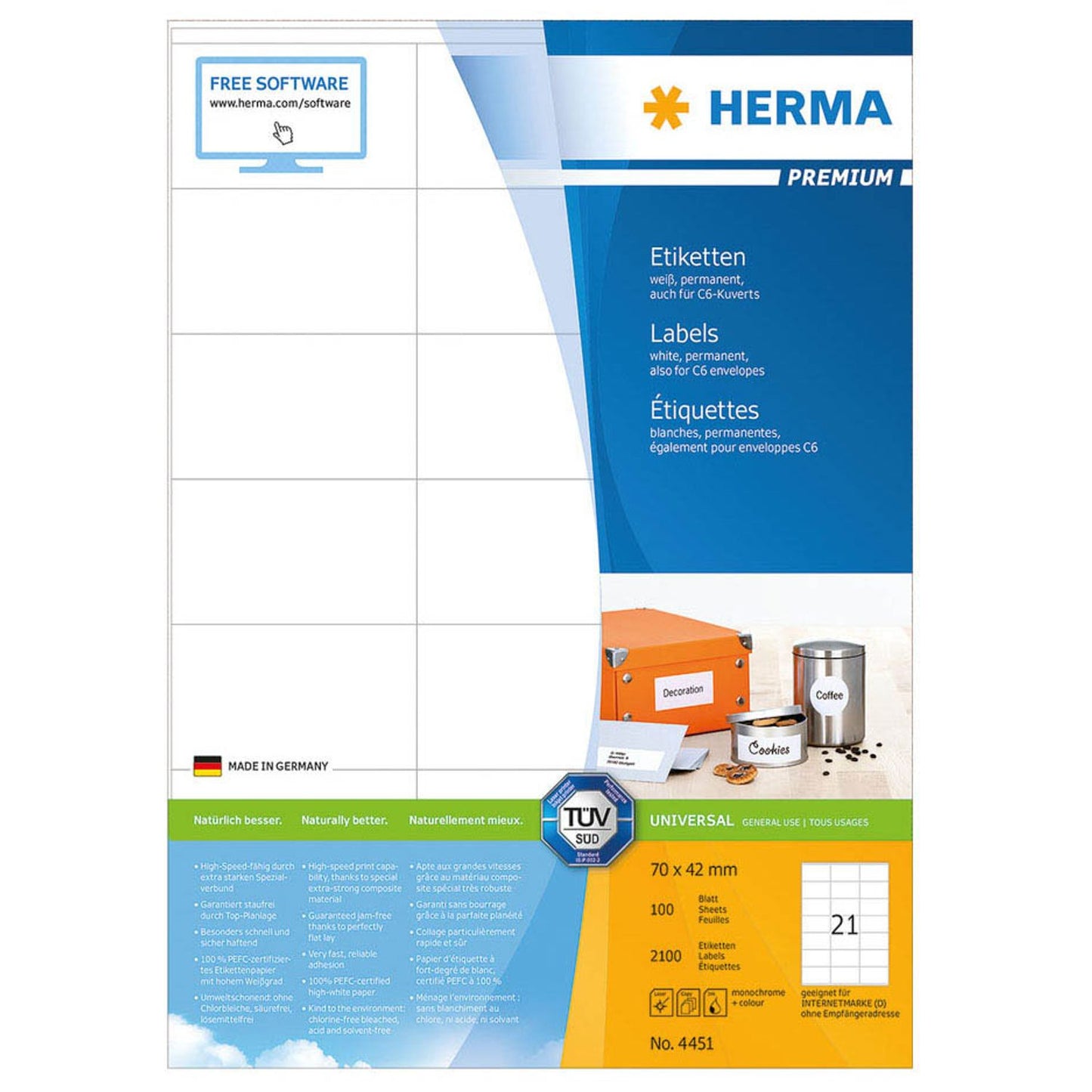 HERMA Etiketten weiß 70,0 x 42,0 mm | 4451 | 1 Pack = 100 Blatt