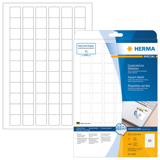 HERMA Etiketten weiß 25,4 x 25,4 mm | 10107 | 1 Pack = 25 Blatt