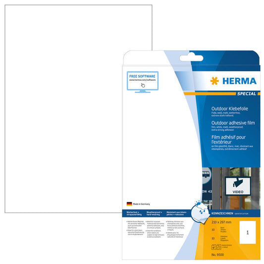 HERMA Folien-Kraftklebe-Etiketten weiß 210,0 x 297,0 mm | 9500 | 1 Pack = 10 Blatt