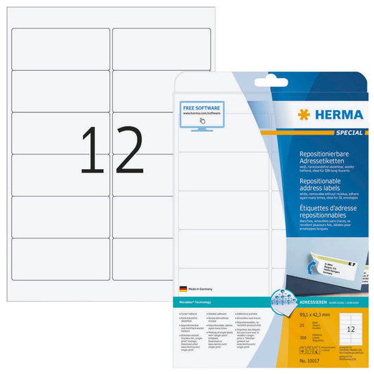HERMA Adressetiketten weiß 99,1 x 42,3 mm | 10017 | 1 Pack = 25 Blatt
