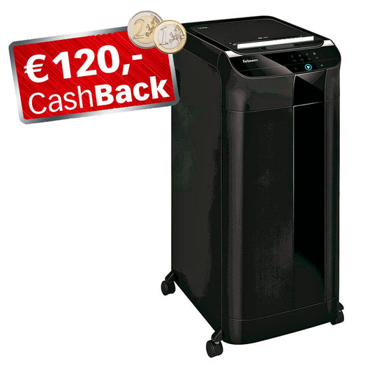 Fellowes AKTION: AutoMax 550C Aktenvernichter mit Partikelschnitt P-4, 4 x 38 mm, bis , schwarz mit CashBack | 4963101