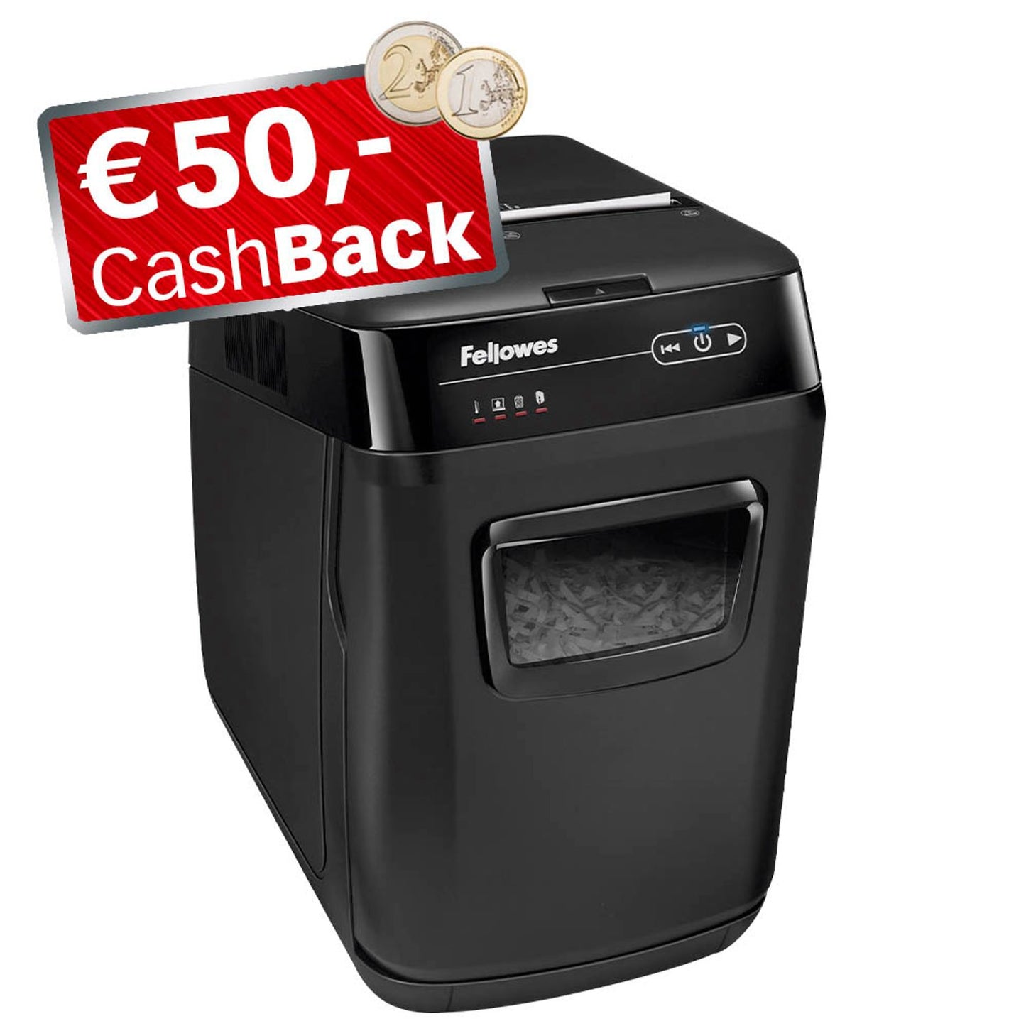 Fellowes AKTION: AutoMax 150C Aktenvernichter mit Partikelschnitt P-4, 4 x 38 mm, bis , schwarz mit CashBack | 4680101-99