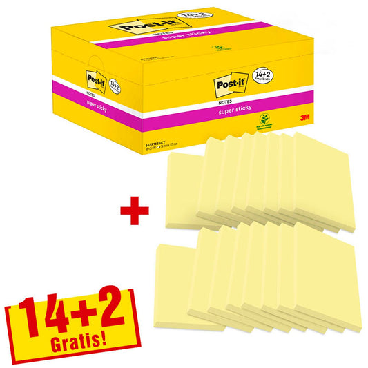Post-it® + 2 GRATIS: Super Sticky Notes Haftnotizen extrastark gelb, 14 Blöcke + GRATIS 2 Blöcke | 65516 SYP | 1 Pack = 14 Blöcke