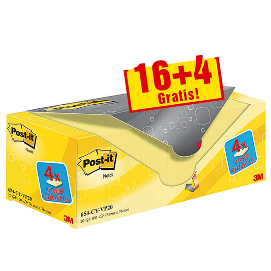 Post-it® + 4 GRATIS: Notes Haftnotizen gelb, 16 Blöcke + GRATIS 4 Blöcke | 654Y-20 | 1 Pack = 16 Blöcke