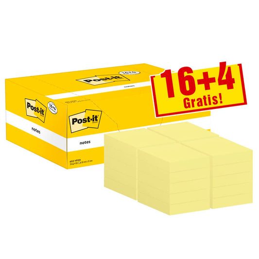 Post-it® + 4 GRATIS: Notes Haftnotizen gelb, 16 Blöcke + GRATIS 4 Blöcke | 653SY-20 | 1 Pack = 16 Blöcke