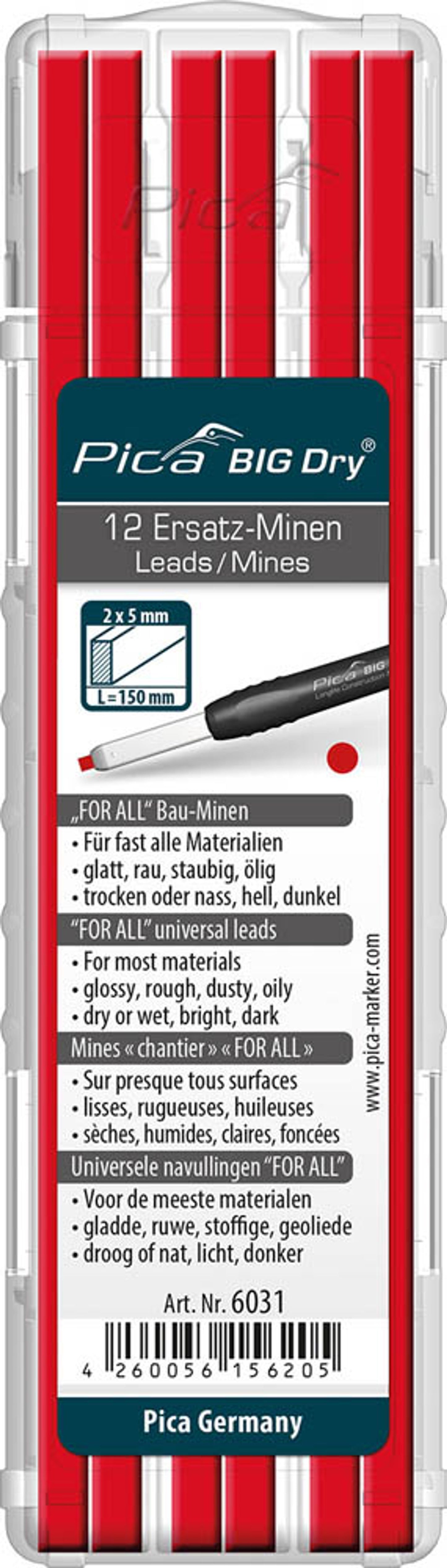 Pica Big Dry For All Bleistiftminen für Zimmermannsbleistift mit Druckmechanismus 2B 2,0 - 5,0 mm, 12 St.