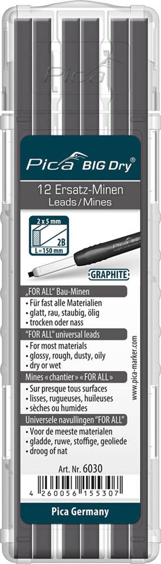 Pica Big Dry For All Bleistiftminen für Zimmermannsbleistift mit Druckmechanismus 2B 2,0 - 5,0 mm, 12 St.