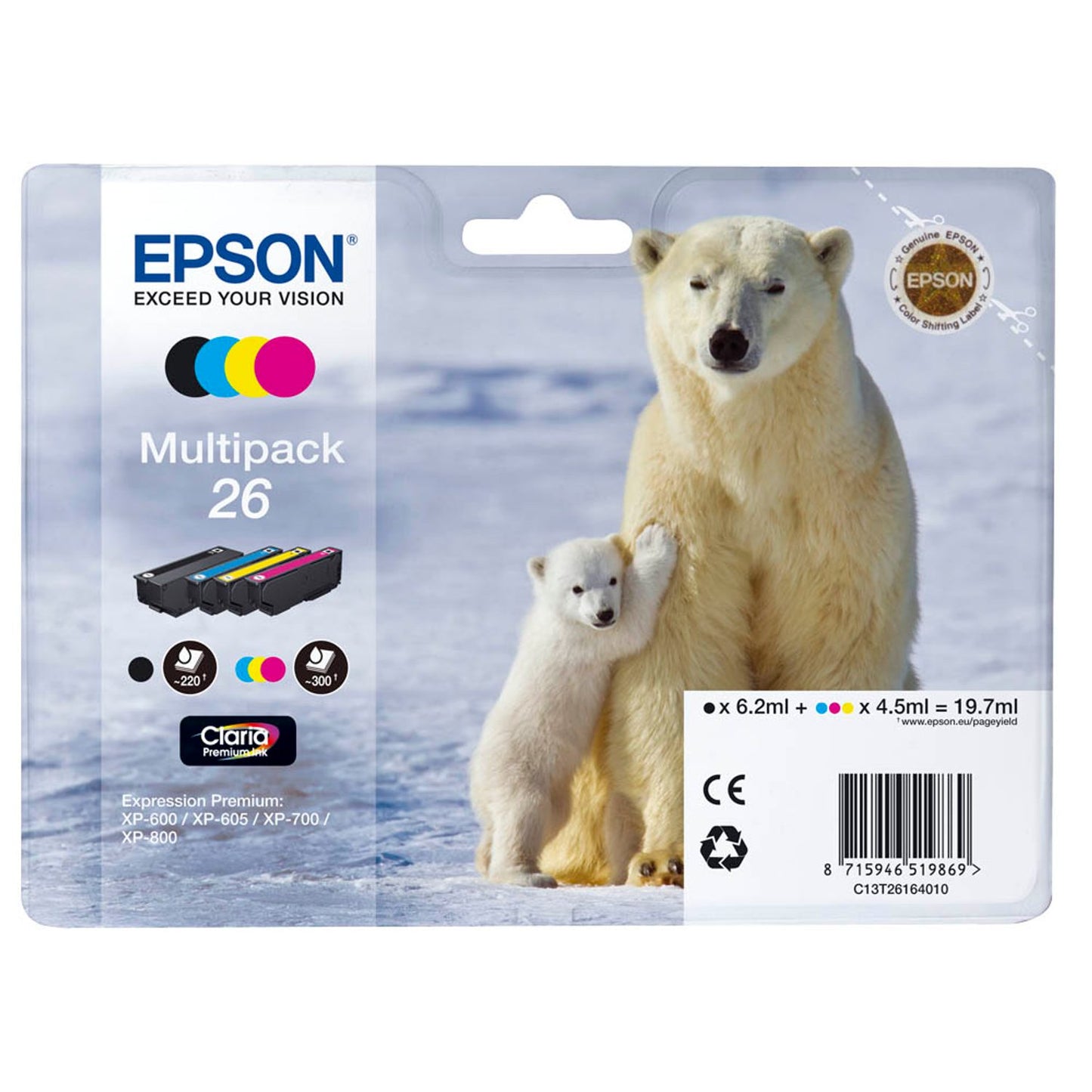 EPSON 26 / T2616 schwarz, cyan, magenta, gelb Druckerpatronen, 4er-Set | C13T26164010 | 1 Pack = 4 St.