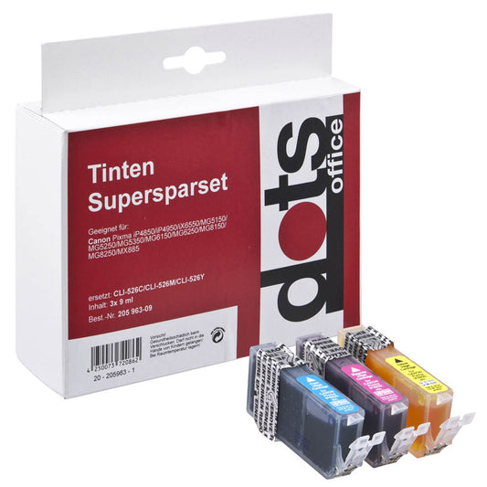 dots cyan, magenta, gelb Druckerpatronen kompatibel zu Canon CLI-526 C/M/Y, 3er-Set | 1515,0050-DOTS | 1 Pack = 3 St.