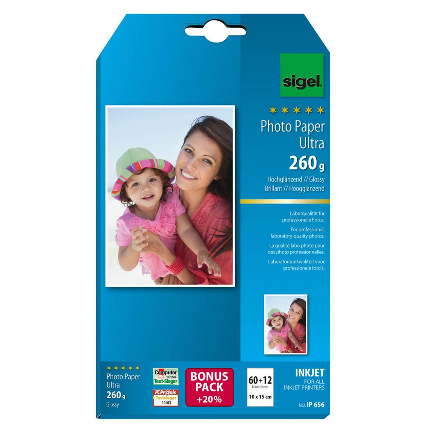SIGEL Fotopapier 10,0 x 15,0 cm hochglänzend 260 g/qm | IP656 | 1 Pack = 72 Blatt