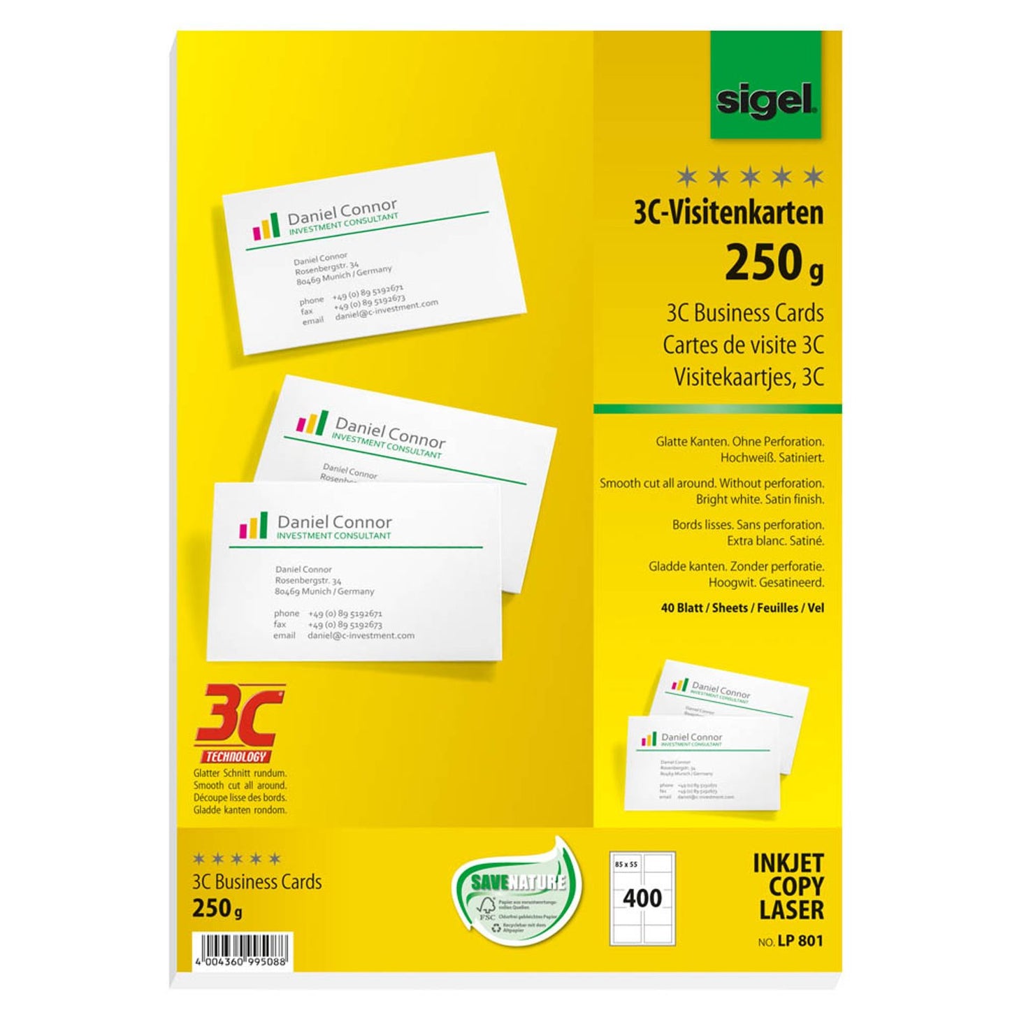 SIGEL Visitenkarten satiniert weiß 250 g/qm | LP801 | 1 Pack = 400 St.