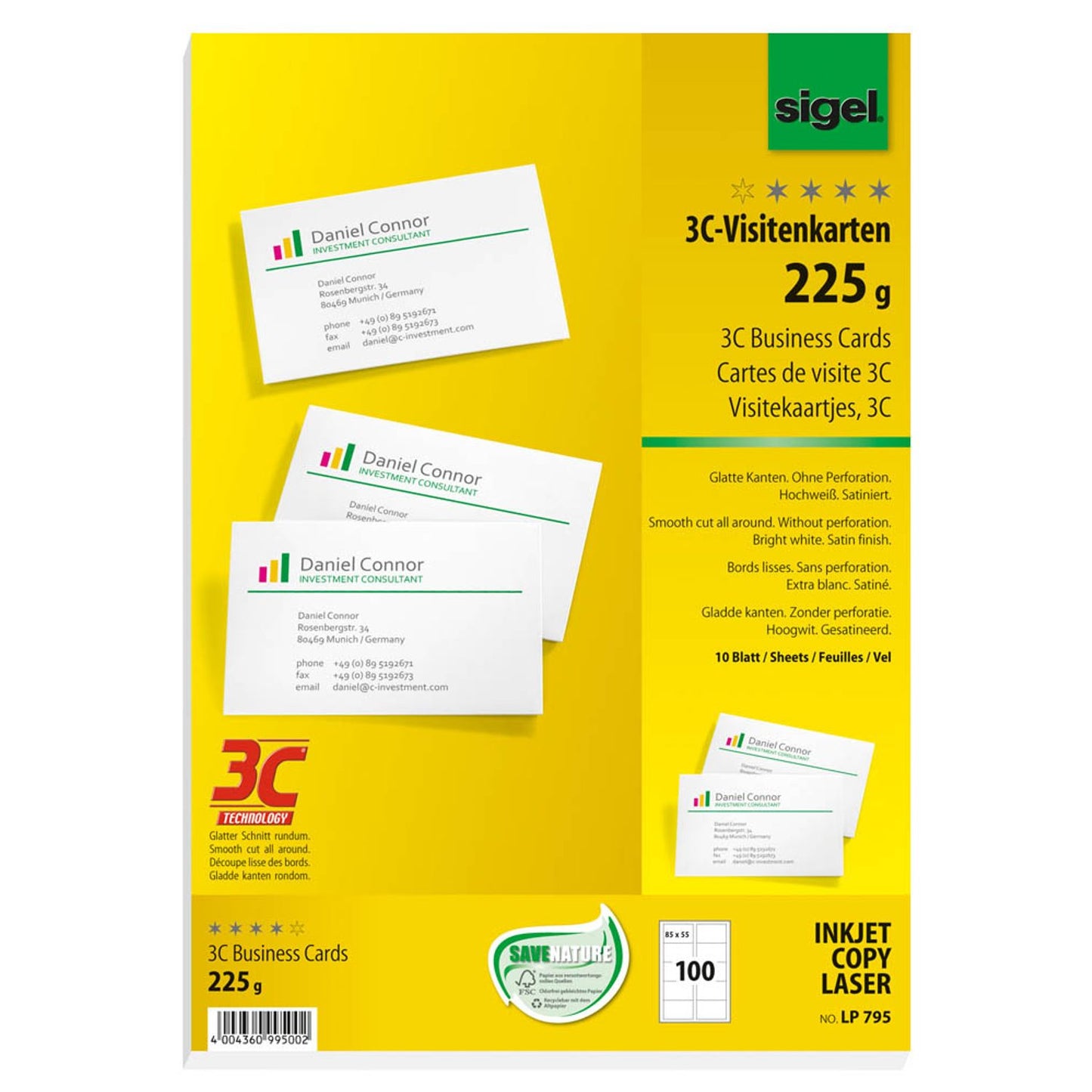 SIGEL Visitenkarten satiniert weiß 225 g/qm | LP795 | 1 Pack = 100 St.