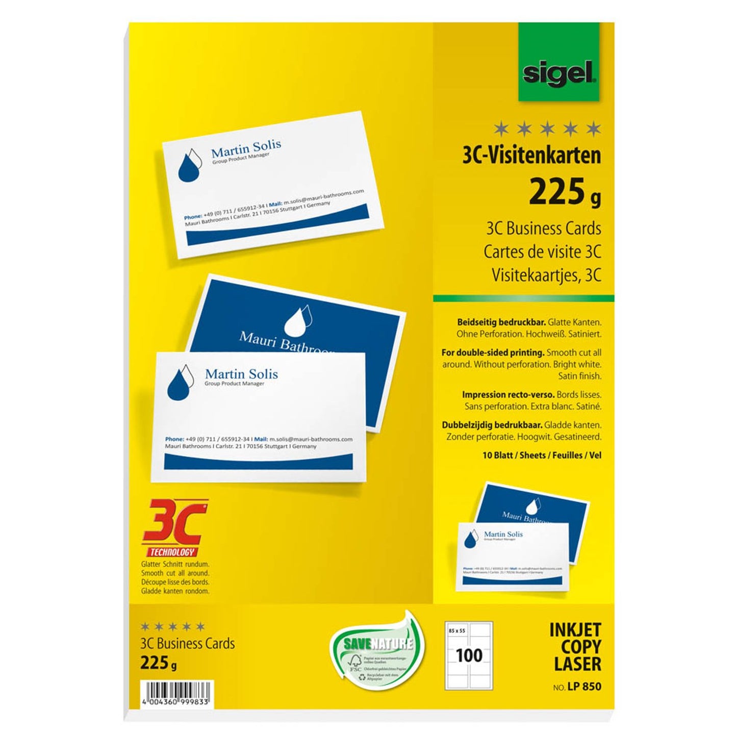 SIGEL Visitenkarten satiniert weiß 225 g/qm | LP850 | 1 Pack = 100 St.