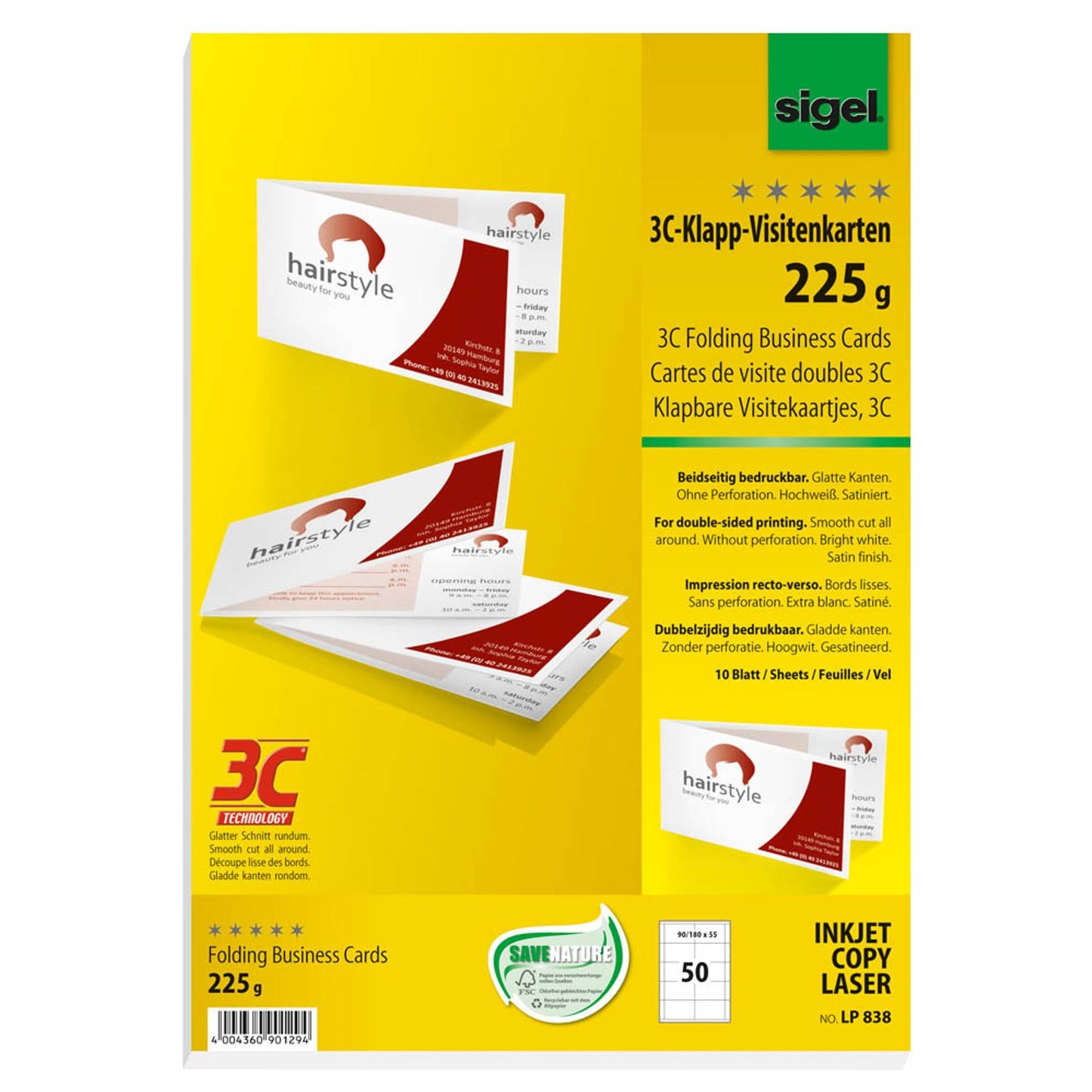 SIGEL Visitenkarten satiniert weiß 225 g/qm | LP838 | 1 Pack = 50 St.