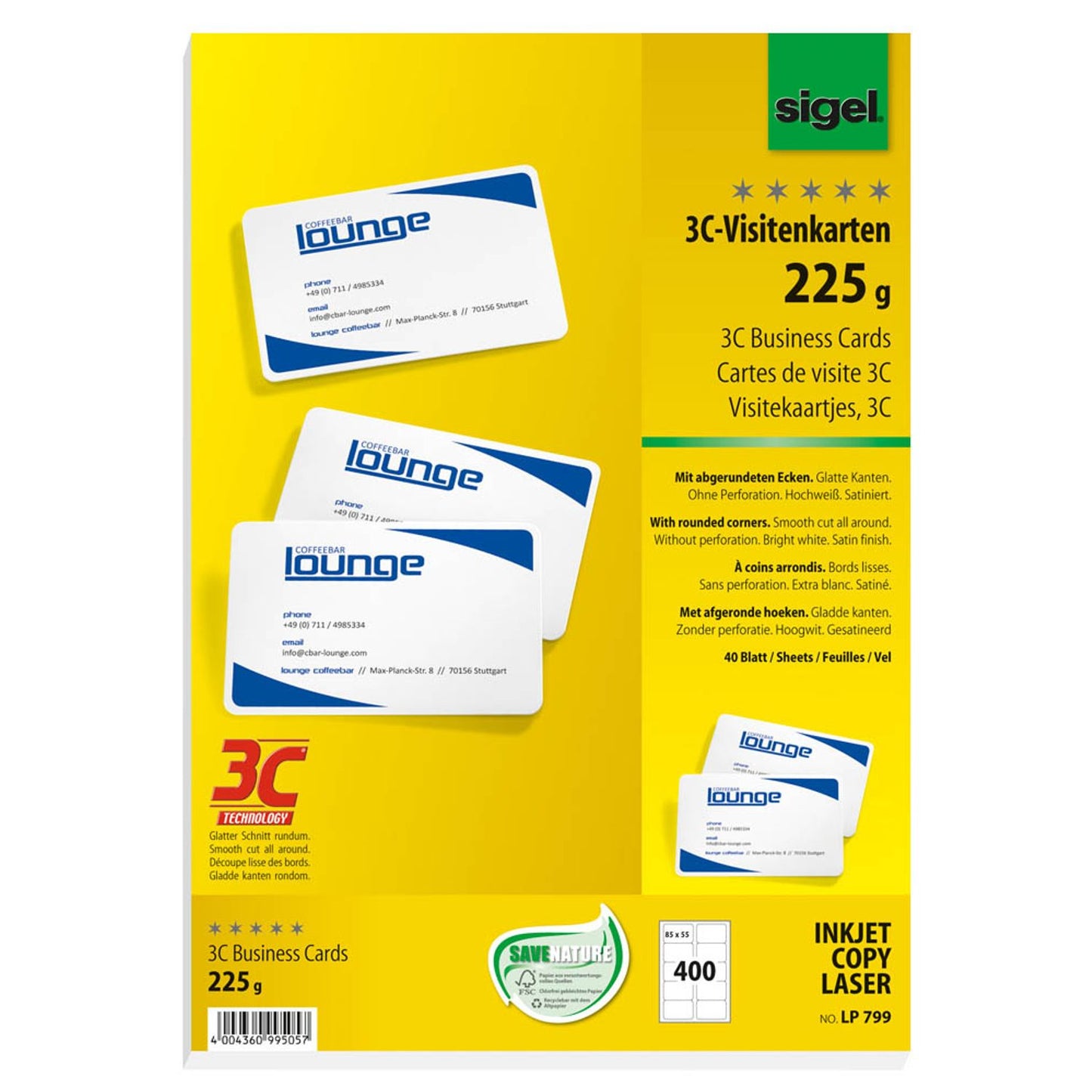 SIGEL Visitenkarten satiniert weiß 225 g/qm | LP799 | 1 Pack = 400 St.