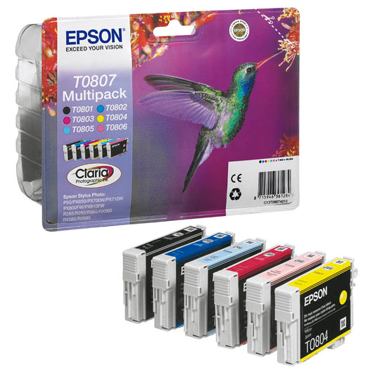 EPSON T0807 schwarz, cyan, magenta, gelb, light cyan, light magenta Druckerpatronen, 6er-Set | C13T08074011 | 1 Pack = 6 St.