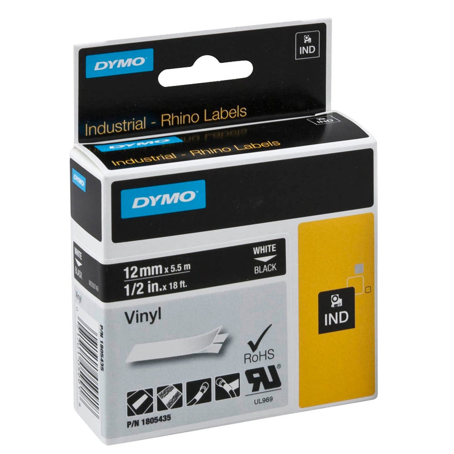 DYMO Schriftband RHINO , 12 mm weiß auf schwarz | 1805435