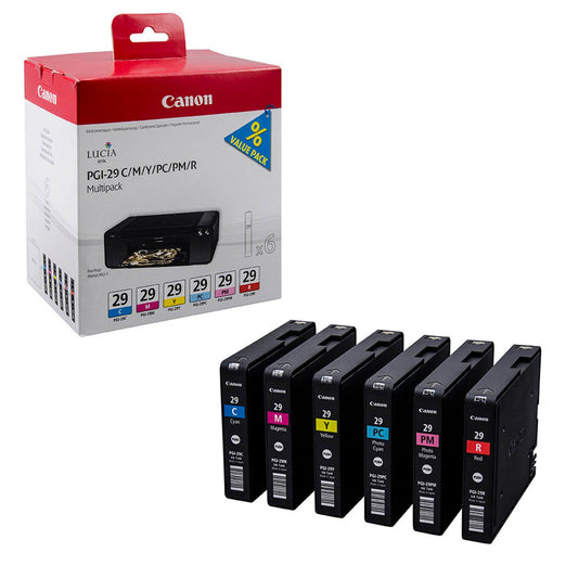 Canon PGI-29 C/M/Y/PC/PM/R cyan, magenta, gelb, Foto cyan, Foto magenta, rot Druckerpatronen, 6er-Set | 4873B005 | 1 Pack = 6 St.